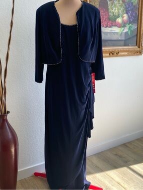 R & M Richards Tall 16 Navy Evening Dress with Beaded Jacket Bolero